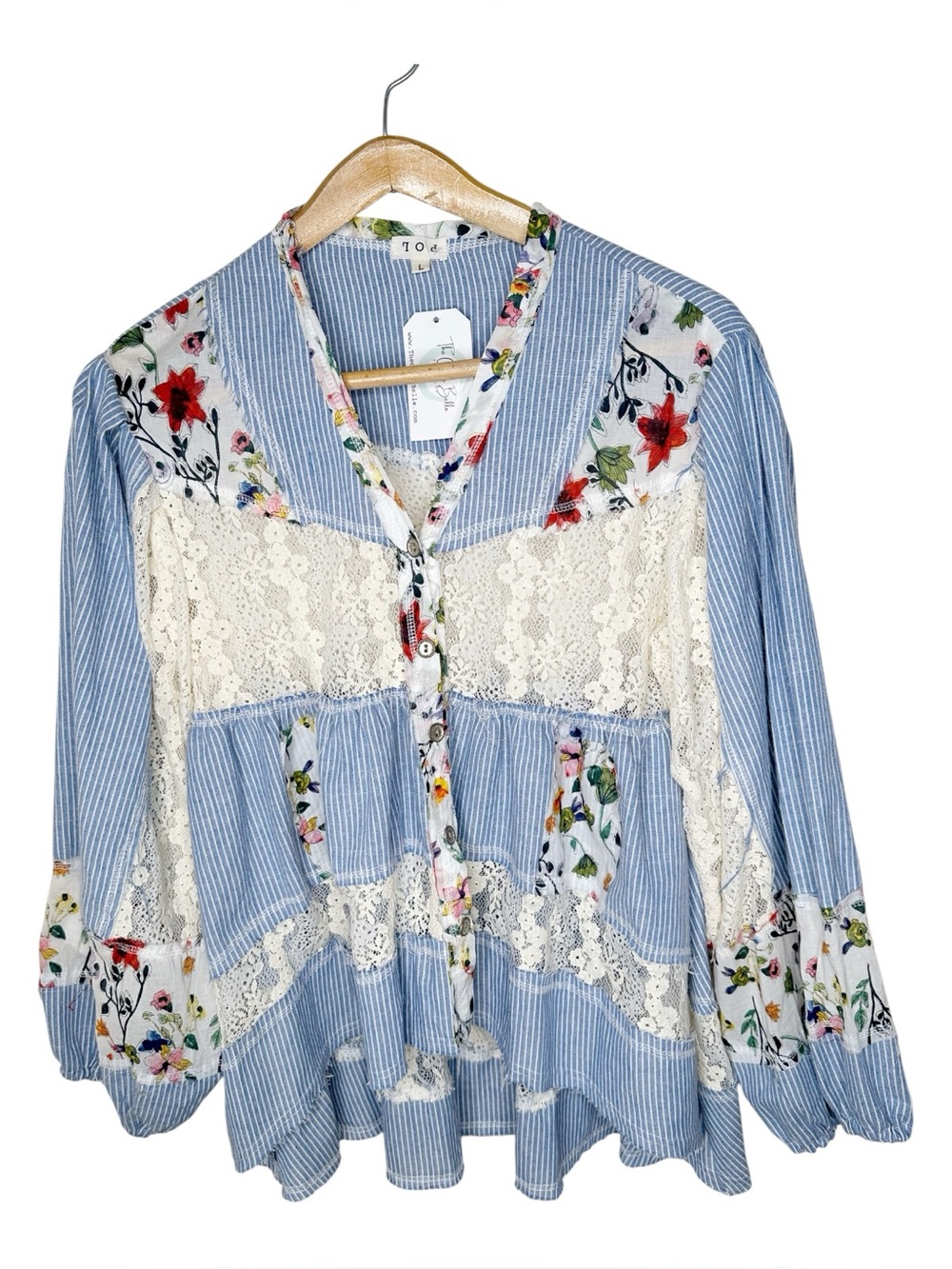 POL Shabby Chic Floral Striped Lace Top High Low Hem Balloon Sleeves Large New